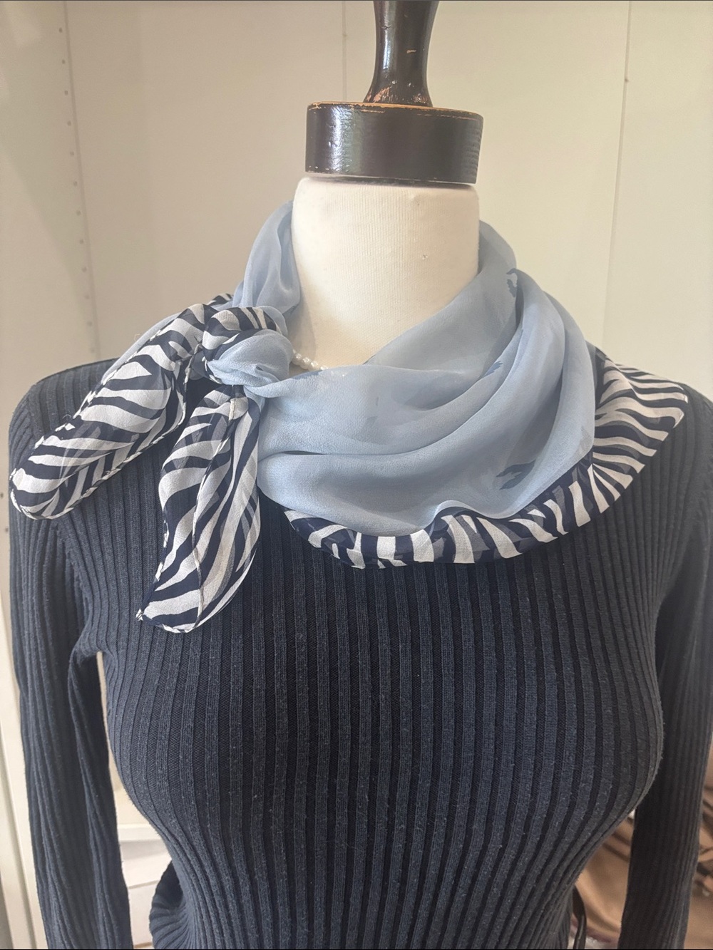 Light Blue Silk Blend Scarf with Navy Zebra Trim